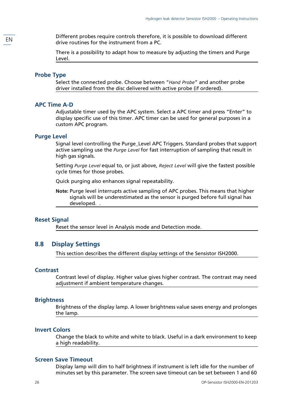 8 display settings, Display settings | INFICON Sensistor ISH2000P Hydrogen Leak Detector, Panel Model User Manual | Page 28 / 51