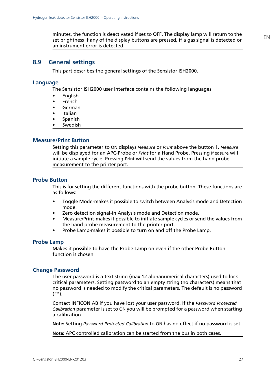 9 general settings, General settings | INFICON Sensistor ISH2000P Hydrogen Leak Detector, Panel Model User Manual | Page 29 / 51