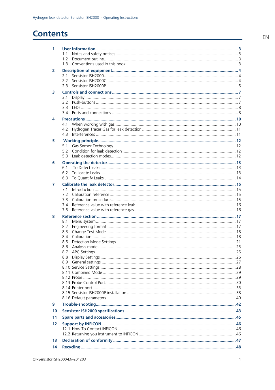 INFICON Sensistor ISH2000P Hydrogen Leak Detector, Panel Model User Manual | Page 3 / 51