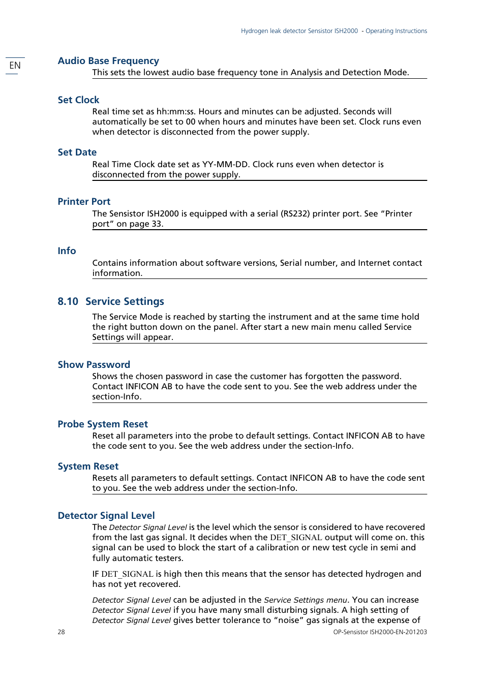 10 service settings | INFICON Sensistor ISH2000P Hydrogen Leak Detector, Panel Model User Manual | Page 30 / 51