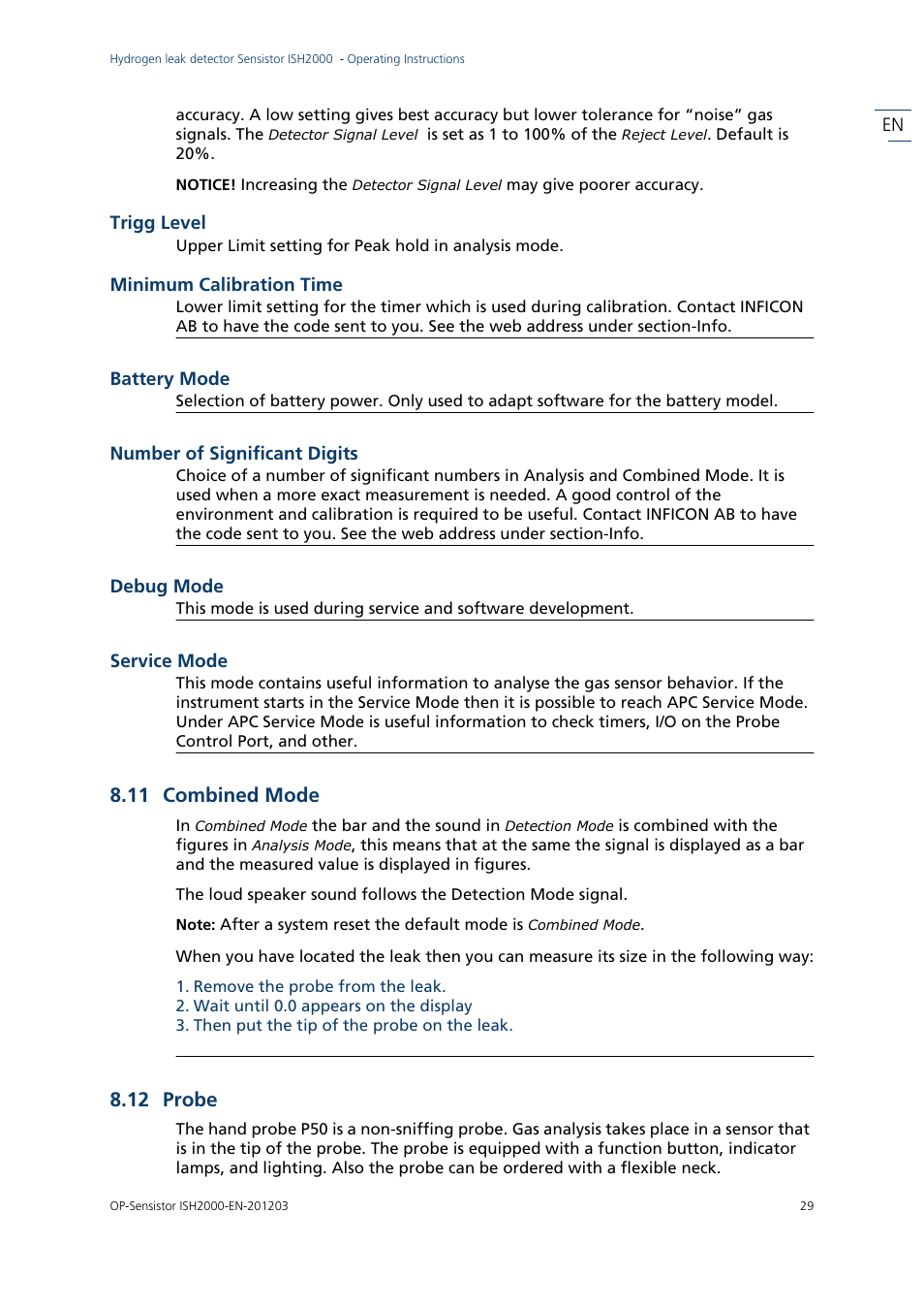 11 combined mode, 12 probe, 11 combined mode 8.12 probe | INFICON Sensistor ISH2000P Hydrogen Leak Detector, Panel Model User Manual | Page 31 / 51