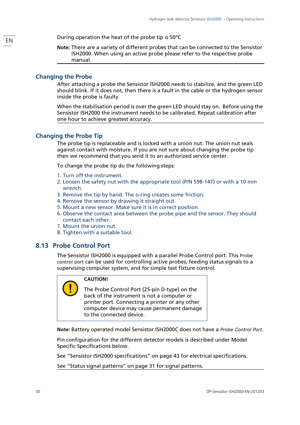 Changing the probe, 13 probe control port | INFICON Sensistor ISH2000P Hydrogen Leak Detector, Panel Model User Manual | Page 32 / 51