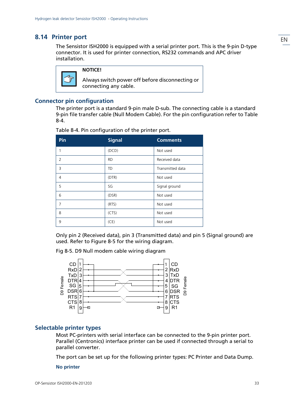 14 printer port, Connector pin configuration, Selectable printer types | INFICON Sensistor ISH2000P Hydrogen Leak Detector, Panel Model User Manual | Page 35 / 51
