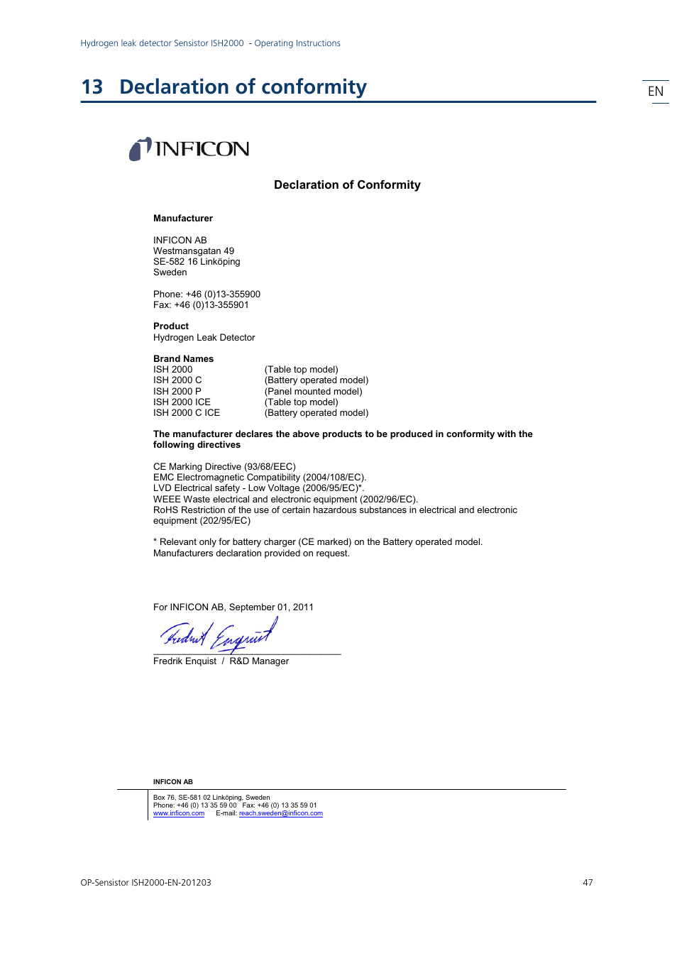 13 declaration of conformity, Declaration of conformity | INFICON Sensistor ISH2000P Hydrogen Leak Detector, Panel Model User Manual | Page 49 / 51