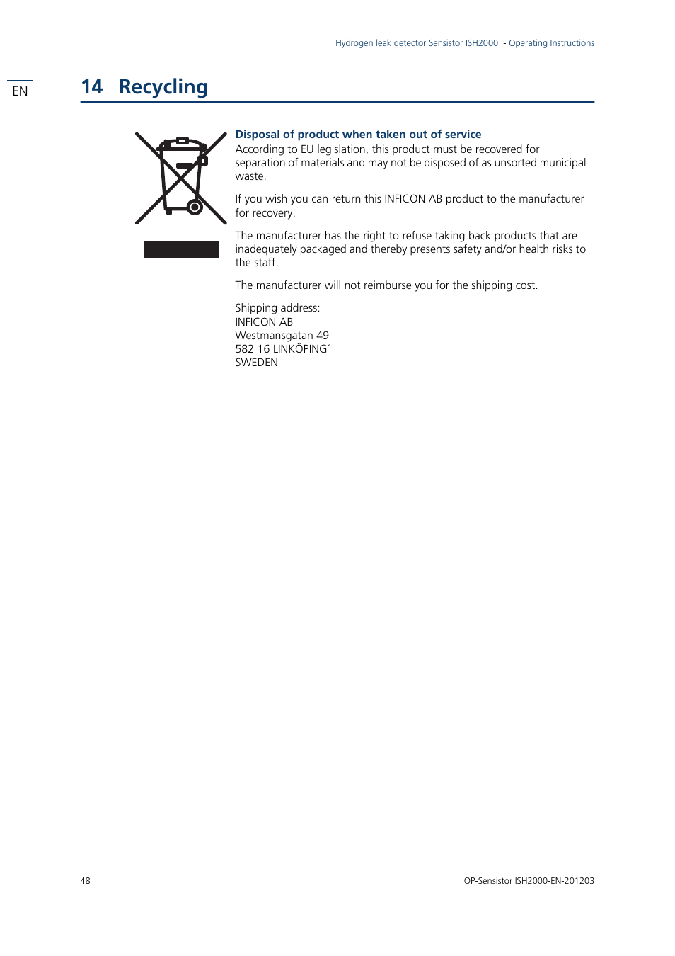 14 recycling, Recycling | INFICON Sensistor ISH2000P Hydrogen Leak Detector, Panel Model User Manual | Page 50 / 51