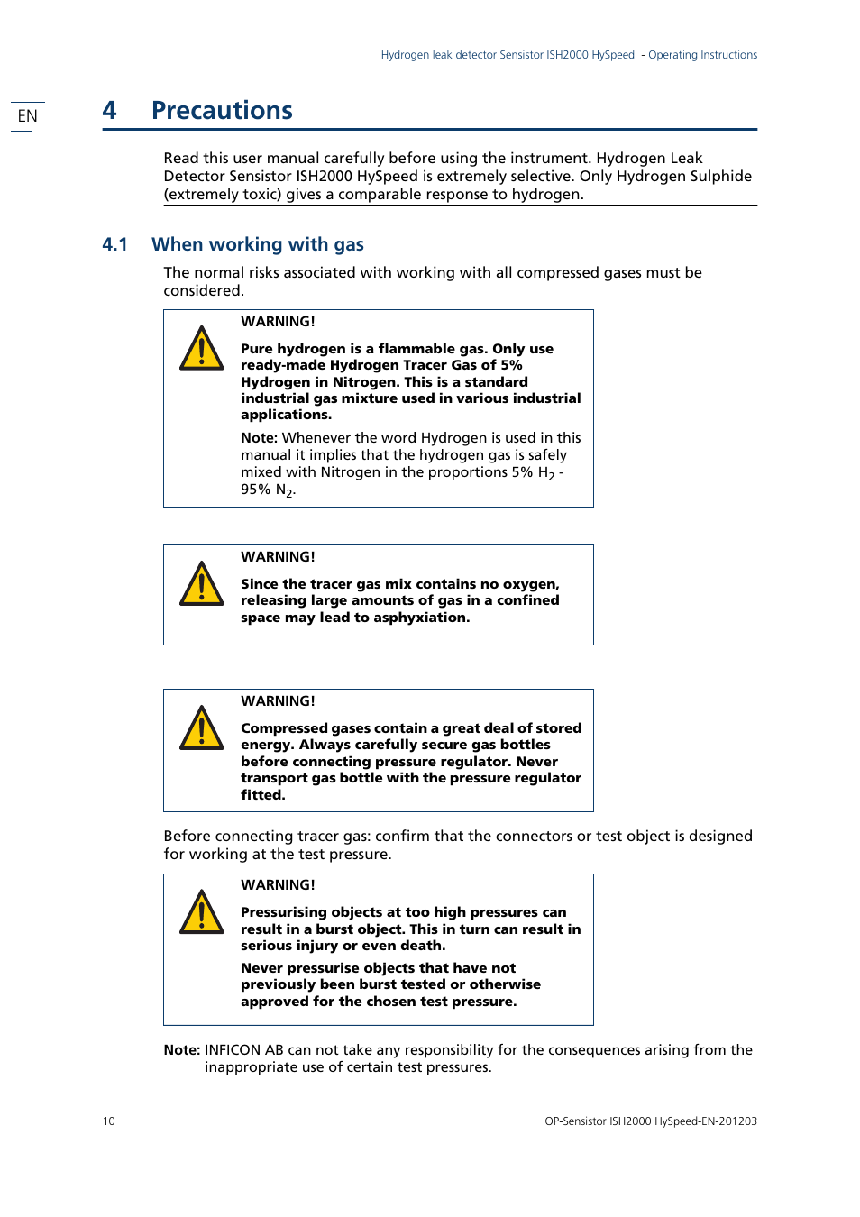 4 precautions, 1 when working with gas, Precautions | When working with gas, 4precautions | INFICON Sensistor ISH2000 HySpeed Hydrogen Leak Detector User Manual | Page 10 / 54