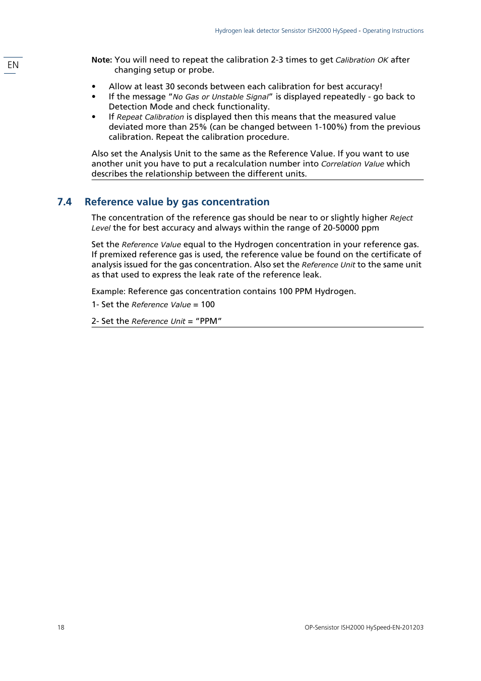 4 reference value by gas concentration, Reference value by gas concentration | INFICON Sensistor ISH2000 HySpeed Hydrogen Leak Detector User Manual | Page 18 / 54