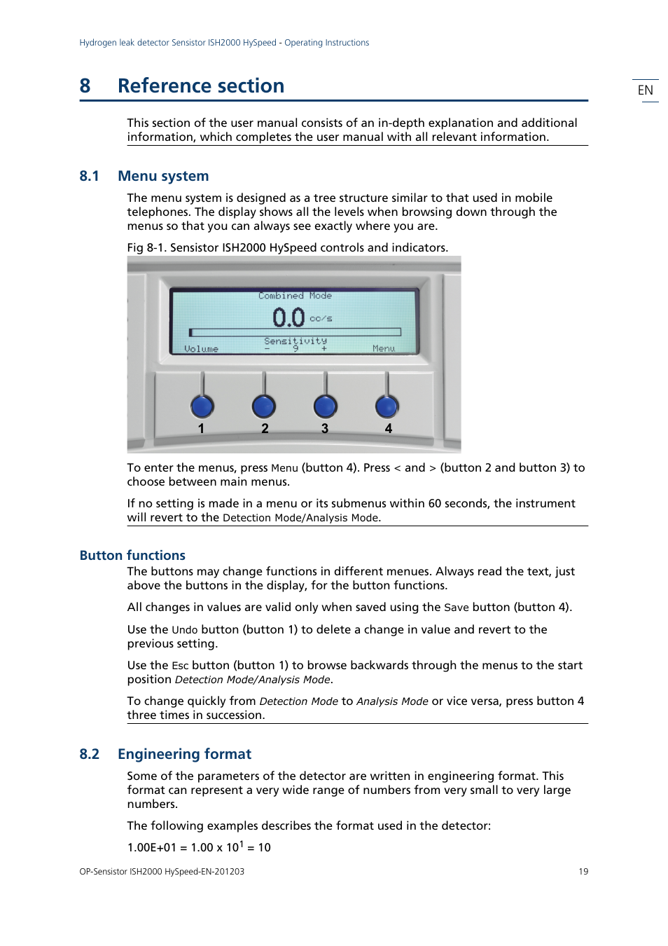 8 reference section, 1 menu system, Button functions | 2 engineering format, Reference section, Menu system, Engineering format | INFICON Sensistor ISH2000 HySpeed Hydrogen Leak Detector User Manual | Page 19 / 54