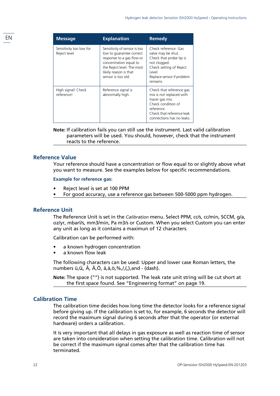 Reference value, Reference unit, Calibration time | Reference value reference unit calibration time | INFICON Sensistor ISH2000 HySpeed Hydrogen Leak Detector User Manual | Page 22 / 54