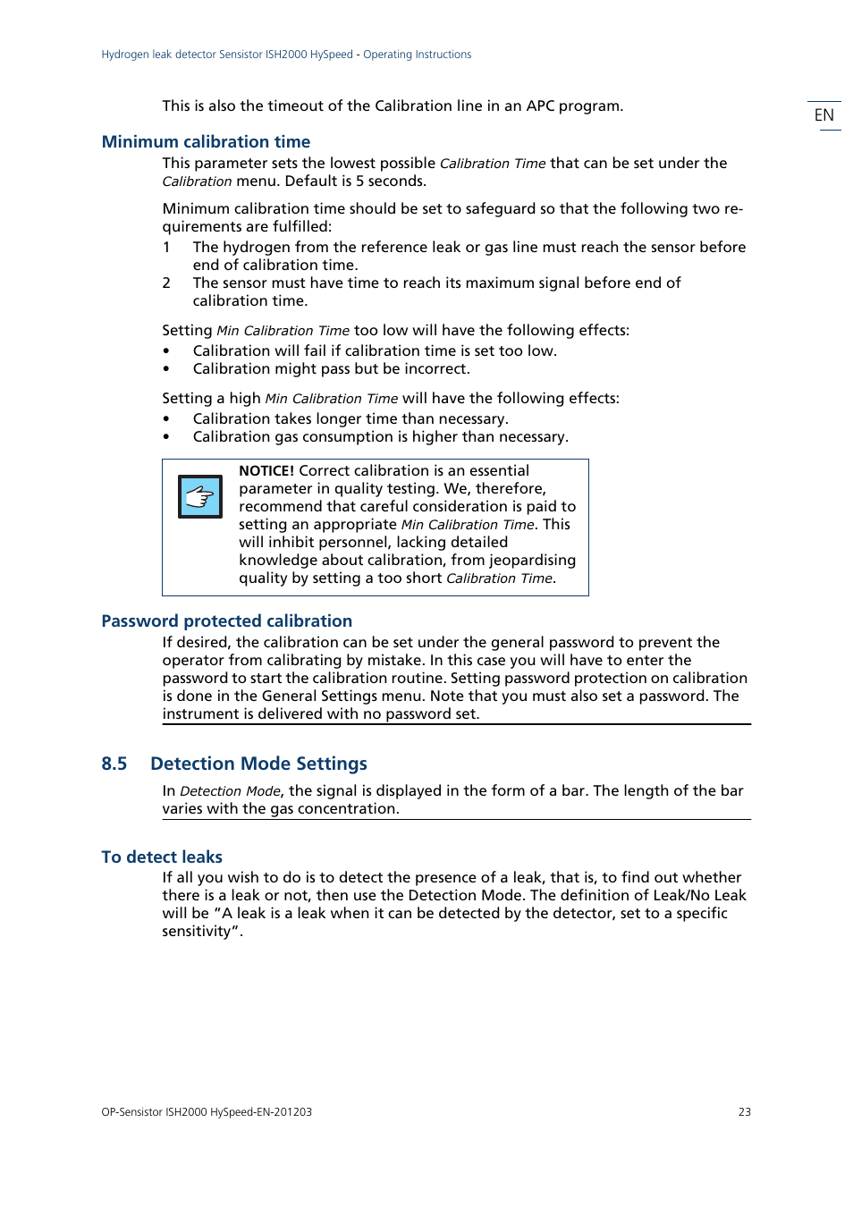 Minimum calibration time, Password protected calibration, 5 detection mode settings | To detect leaks, Detection mode settings | INFICON Sensistor ISH2000 HySpeed Hydrogen Leak Detector User Manual | Page 23 / 54