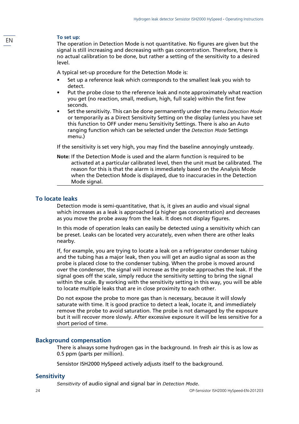 To locate leaks, Background compensation, Sensitivity | INFICON Sensistor ISH2000 HySpeed Hydrogen Leak Detector User Manual | Page 24 / 54