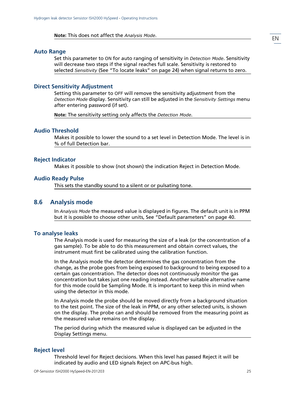 Auto range, Direct sensitivity adjustment, Audio threshold | Reject indicator, Audio ready pulse, 6 analysis mode, To analyse leaks, Reject level, Analysis mode, To analyse leaks reject level | INFICON Sensistor ISH2000 HySpeed Hydrogen Leak Detector User Manual | Page 25 / 54