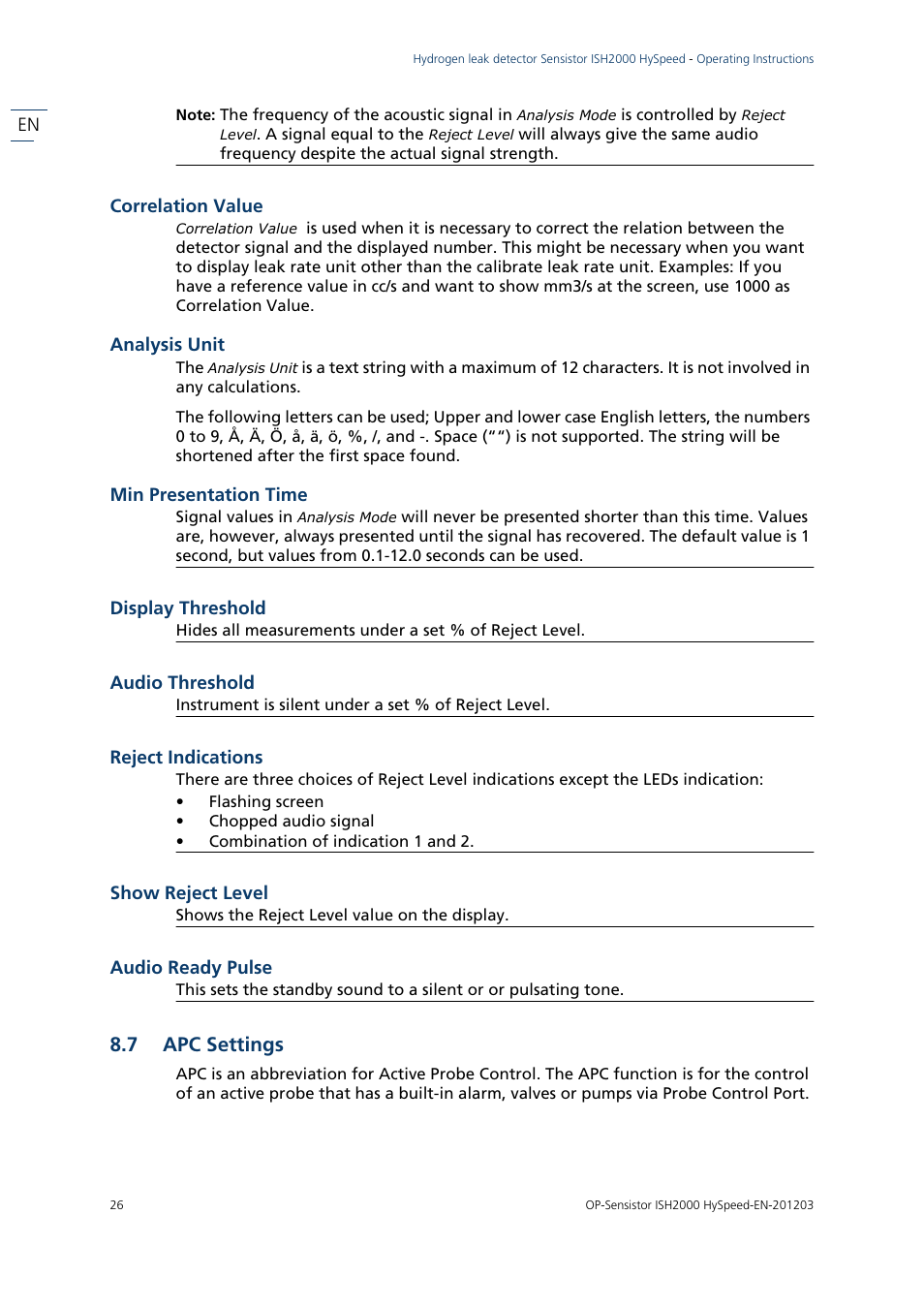 Correlation value, Analysis unit, Min presentation time | Display threshold, Audio threshold, Reject indications, Show reject level, Audio ready pulse, 7 apc settings, Apc settings | INFICON Sensistor ISH2000 HySpeed Hydrogen Leak Detector User Manual | Page 26 / 54