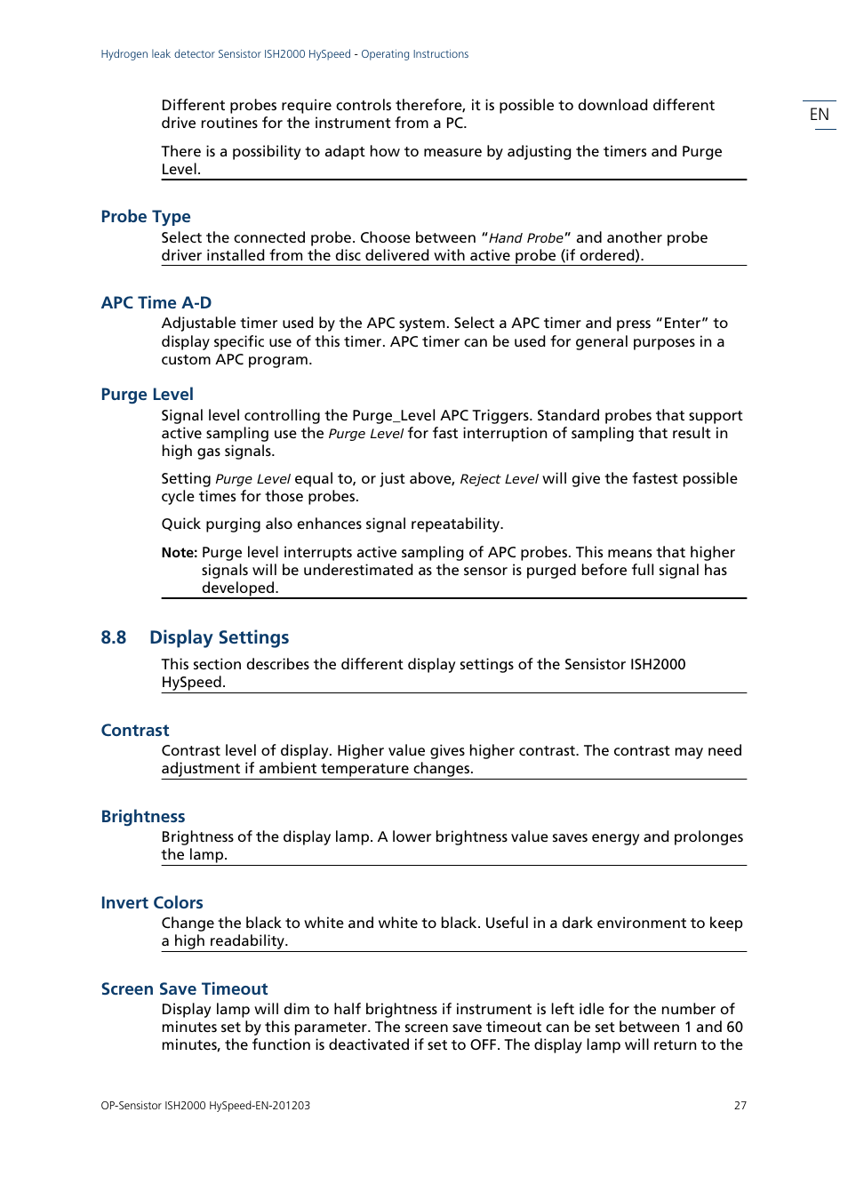 Probe type, Apc time a-d, Purge level | 8 display settings, Contrast, Brightness, Invert colors, Screen save timeout, Probe type apc time a-d purge level, Display settings | INFICON Sensistor ISH2000 HySpeed Hydrogen Leak Detector User Manual | Page 27 / 54