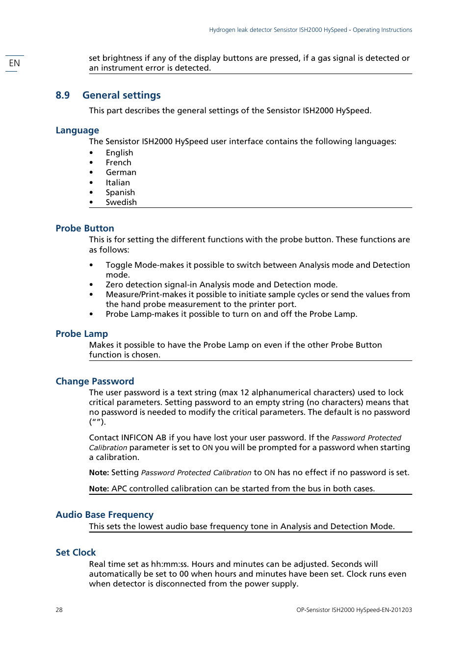 9 general settings, Language, Probe button | Probe lamp, Change password, Audio base frequency, Set clock, General settings | INFICON Sensistor ISH2000 HySpeed Hydrogen Leak Detector User Manual | Page 28 / 54