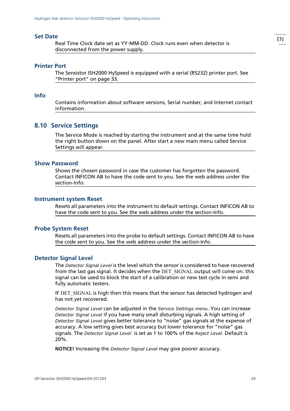 Set date, Printer port, Info | 10 service settings, Show password, Instrument system reset, Probe system reset, Detector signal level, Set date printer port info | INFICON Sensistor ISH2000 HySpeed Hydrogen Leak Detector User Manual | Page 29 / 54