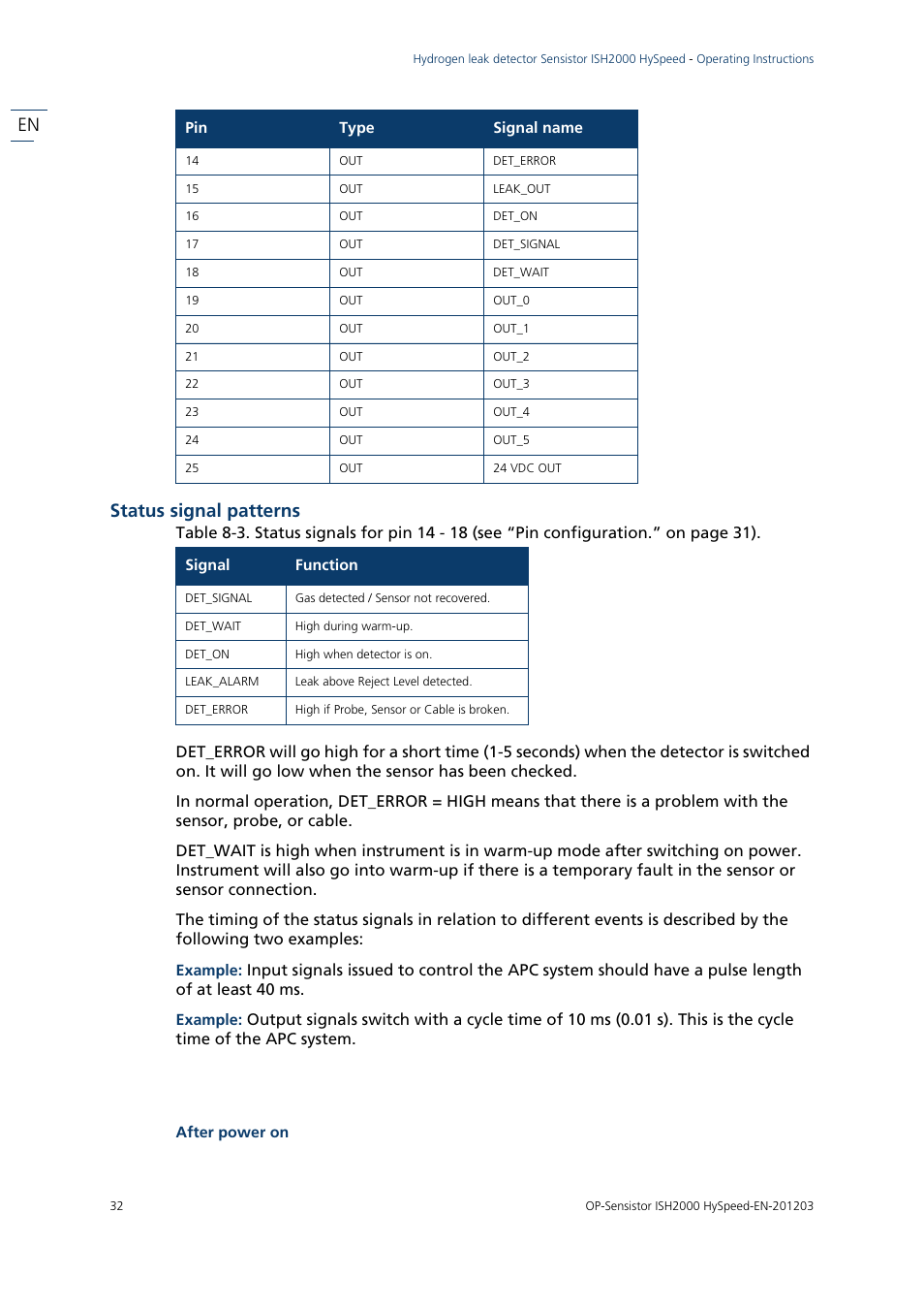 Status signal patterns, En status signal patterns | INFICON Sensistor ISH2000 HySpeed Hydrogen Leak Detector User Manual | Page 32 / 54