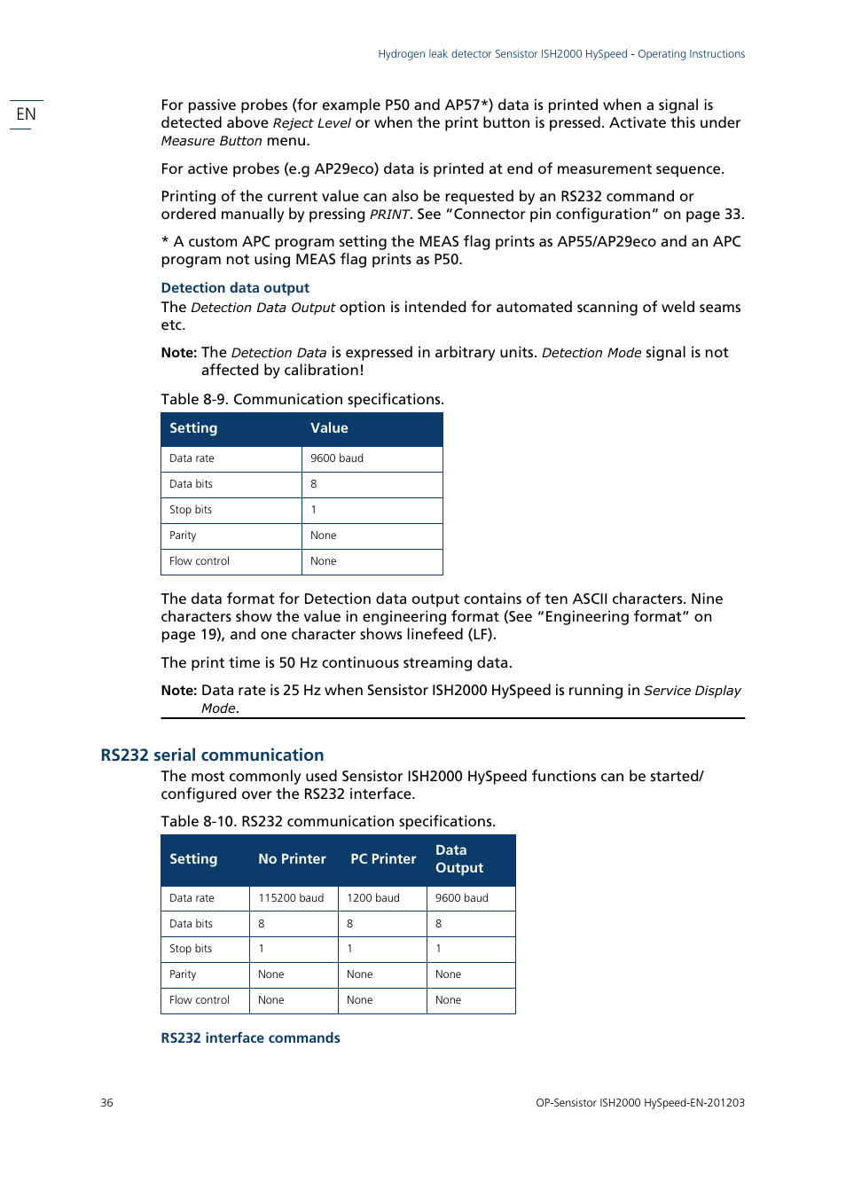 Table 8-9. communication specifications, Rs232 serial communication, Table 8-10. rs232 communication specifications | INFICON Sensistor ISH2000 HySpeed Hydrogen Leak Detector User Manual | Page 36 / 54