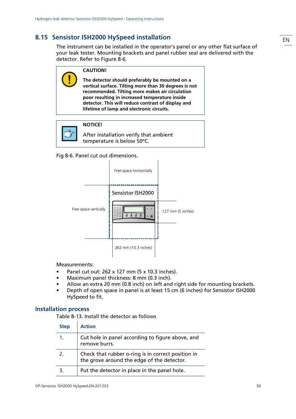 15 sensistor ish2000 hyspeed installation, Fig 8-6. panel cut out dimensions, Measurements | Installation process, Table 8-13. install the detector as follows | INFICON Sensistor ISH2000 HySpeed Hydrogen Leak Detector User Manual | Page 39 / 54