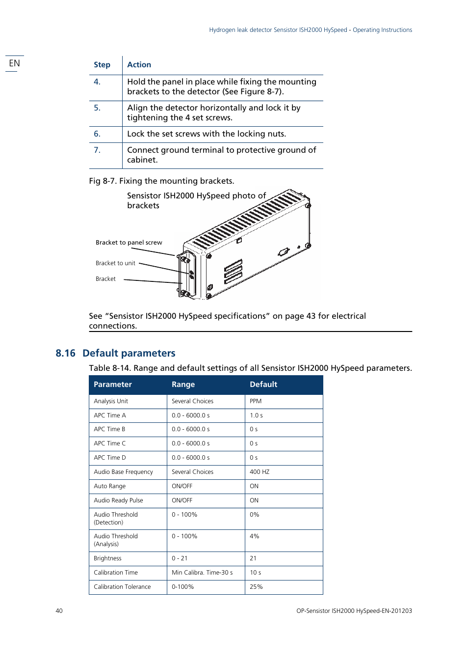 Fig 8-7. fixing the mounting brackets, 16 default parameters | INFICON Sensistor ISH2000 HySpeed Hydrogen Leak Detector User Manual | Page 40 / 54