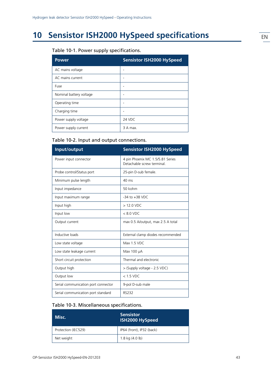 10 sensistor ish2000 hyspeed specifications, Table 10-1. power supply specifications, Table 10-2. input and output connections | Table 10-3. miscellaneous specifications, Sensistor ish2000 hyspeed specifications | INFICON Sensistor ISH2000 HySpeed Hydrogen Leak Detector User Manual | Page 44 / 54