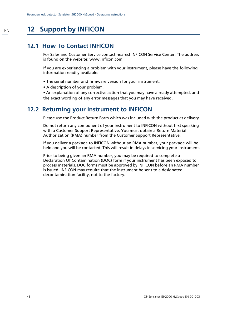 12 support by inficon, 1 how to contact inficon, 2 returning your instrument to inficon | Support by inficon | INFICON Sensistor ISH2000 HySpeed Hydrogen Leak Detector User Manual | Page 49 / 54