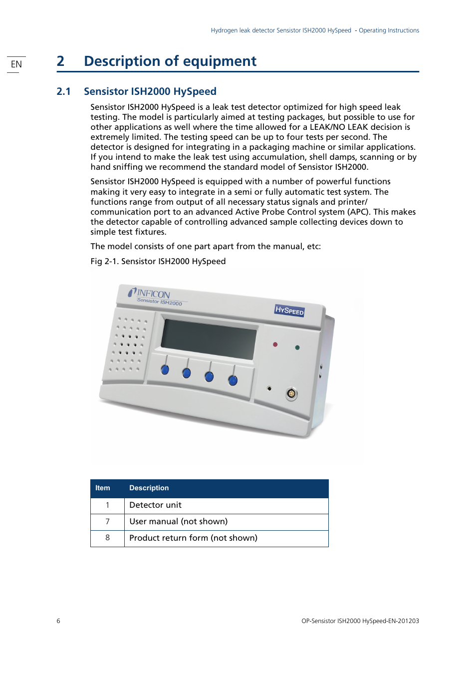 2 description of equipment, 1 sensistor ish2000 hyspeed, Fig 2-1. sensistor ish2000 hyspeed | Description of equipment, Sensistor ish2000 hyspeed, 2description of equipment | INFICON Sensistor ISH2000 HySpeed Hydrogen Leak Detector User Manual | Page 6 / 54