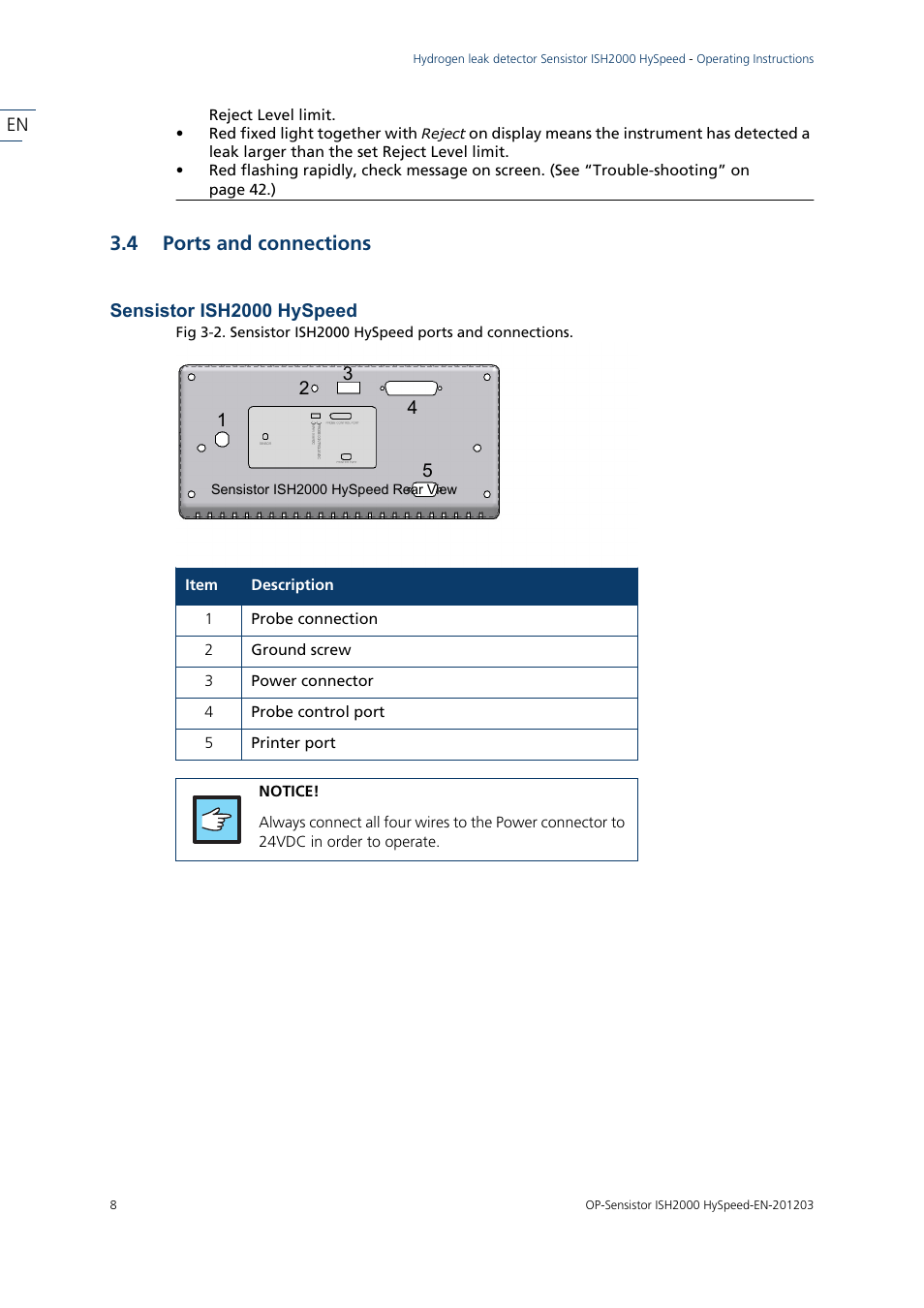 4 ports and connections, Sensistor ish2000 hyspeed, Ports and connections | INFICON Sensistor ISH2000 HySpeed Hydrogen Leak Detector User Manual | Page 8 / 54