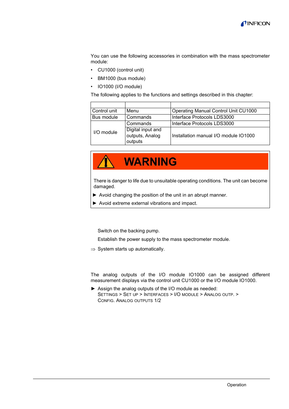 6 operation, Switching the unit on, Assigning the analog outputs of the i/o module | 6operation, 1 switching the unit on, 2 assigning the analog outputs of the i/o module | INFICON LDS3000 Modular Leak Detector User Manual | Page 21 / 52