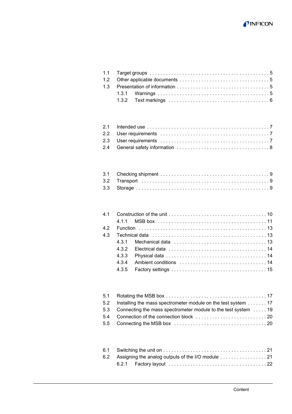 Content, 1 about this manual, 2 safety | 3 shipment check, transport, storage, 4 description 0, 5 installation 7, 6 operation 1 | INFICON LDS3000 Modular Leak Detector User Manual | Page 3 / 52