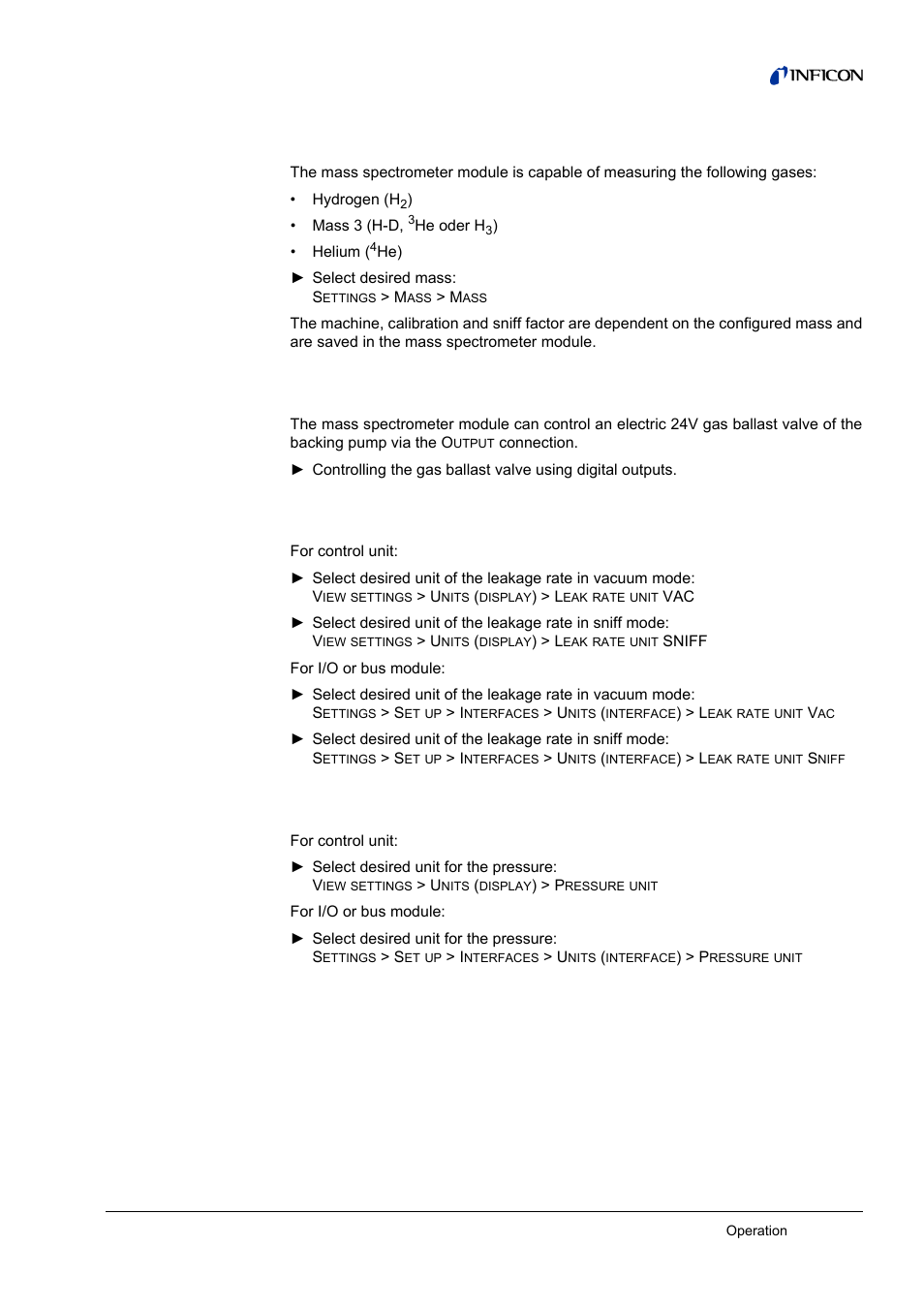 11 select sample gas, 12 decontaminating backing pump from test gas, 13 selecting units for leakage rate | 14 selecting units for pressure | INFICON LDS3000 Modular Leak Detector User Manual | Page 35 / 52