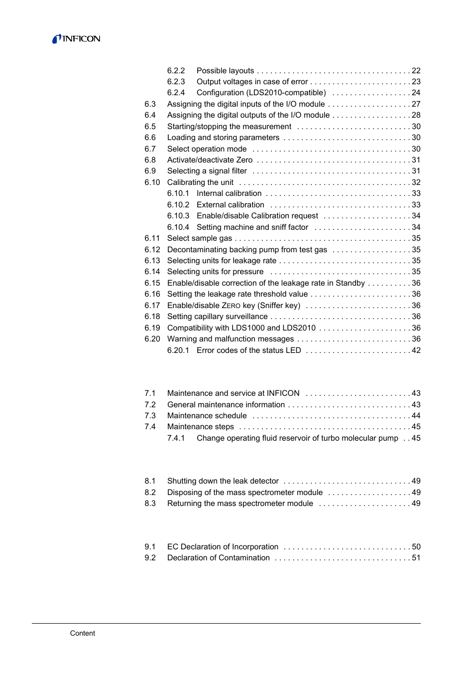 7 maintenance, 8 taking out of service, 9 appendix | INFICON LDS3000 Modular Leak Detector User Manual | Page 4 / 52