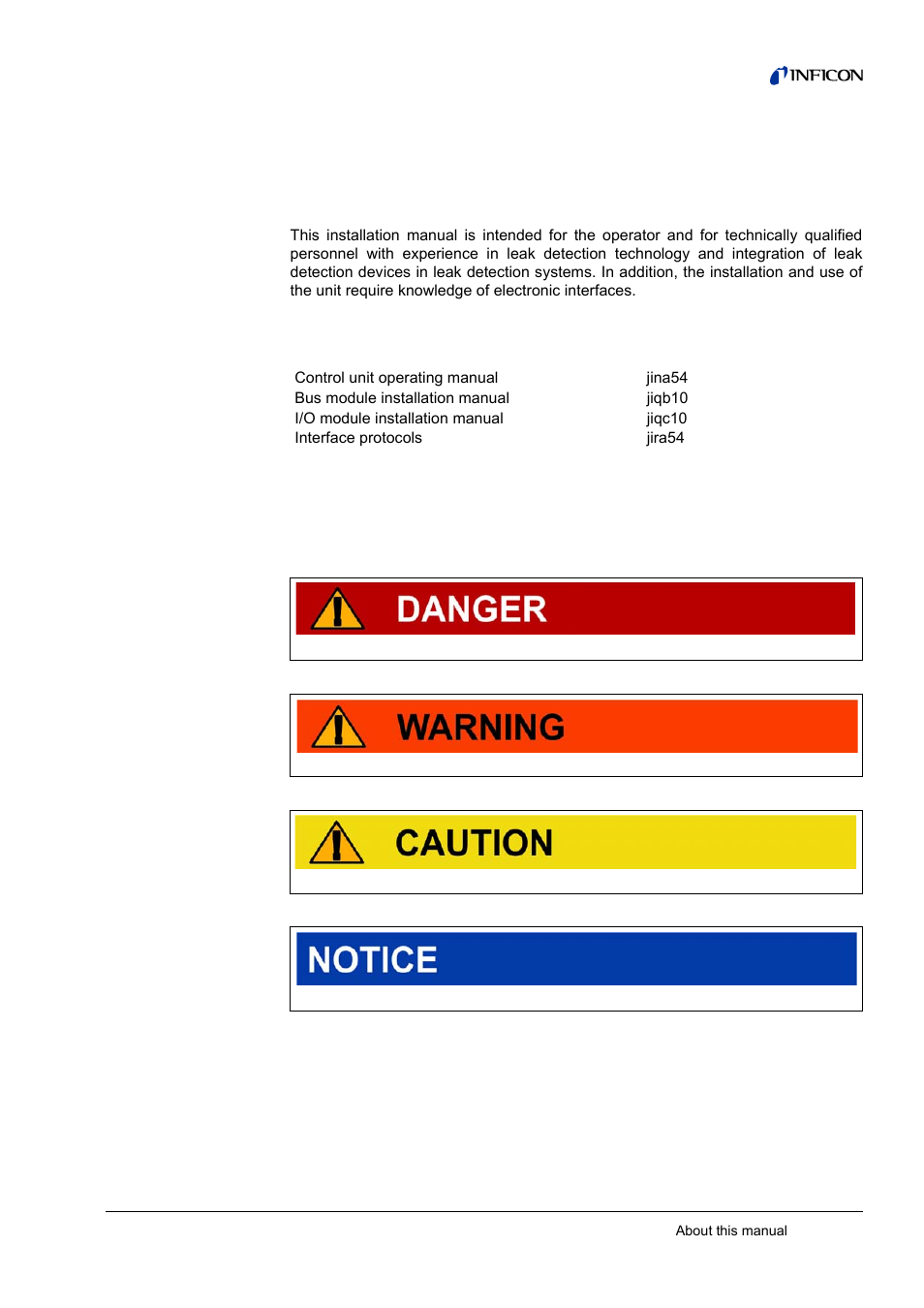 1 about this manual, Target groups, Other applicable documents | Presentation of information 1.3.1, Warnings, 1about this manual, 1 target groups | INFICON LDS3000 Modular Leak Detector User Manual | Page 5 / 52