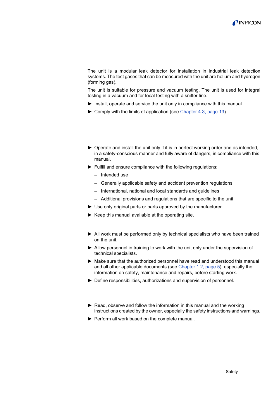 2 safety, Intended use, User requirements | 2safety, 1 intended use, 2 user requirements, 3 user requirements | INFICON LDS3000 Modular Leak Detector User Manual | Page 7 / 52