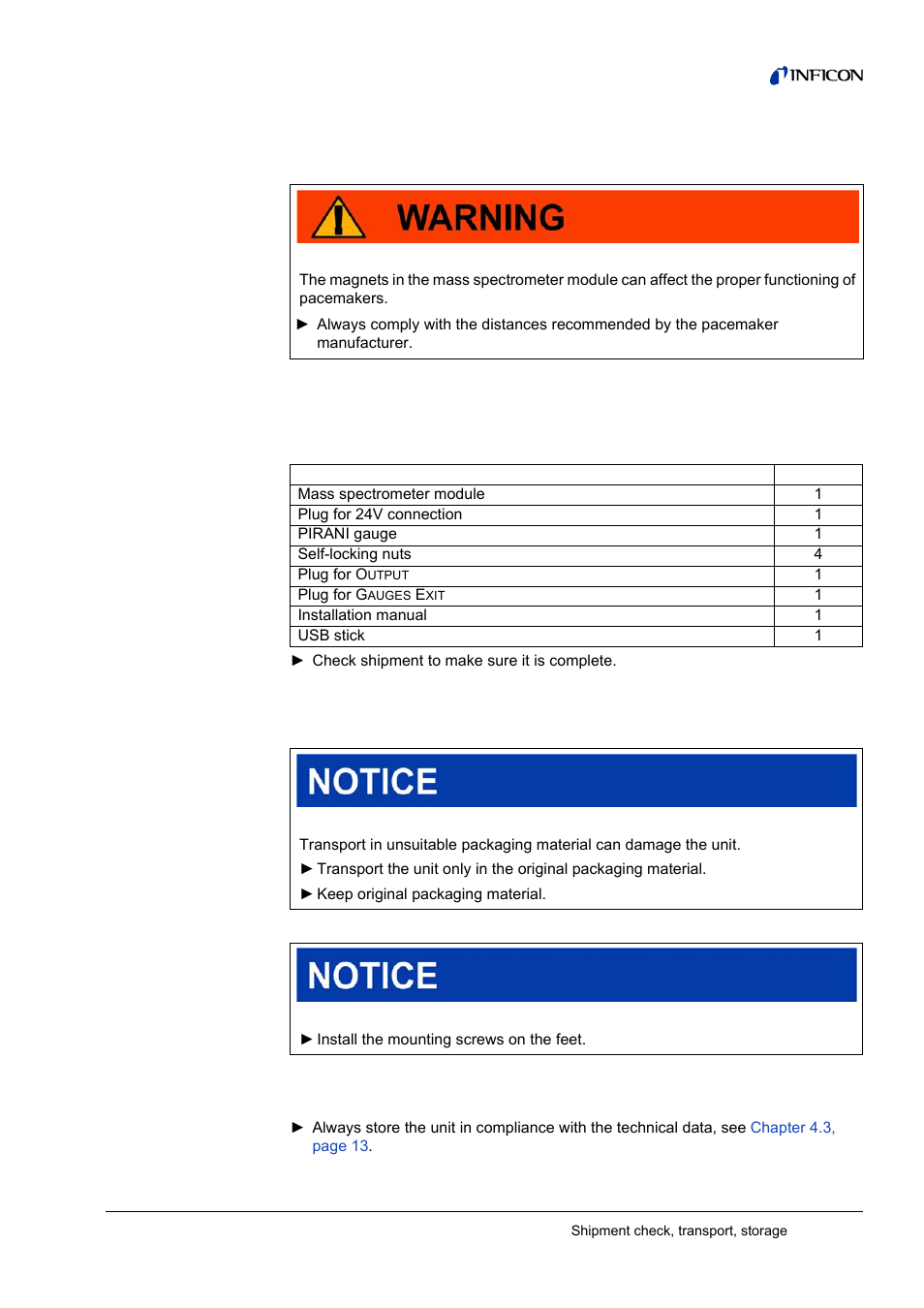 3 shipment check, transport, storage, Checking shipment, Transport | Storage, 3shipment check, transport, storage, 1 checking shipment, 2 transport 3.3 storage | INFICON LDS3000 Modular Leak Detector User Manual | Page 9 / 52