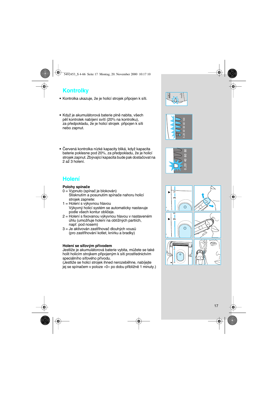 Kontrolky, Holení | Braun Syncro 7540 User Manual | Page 17 / 56