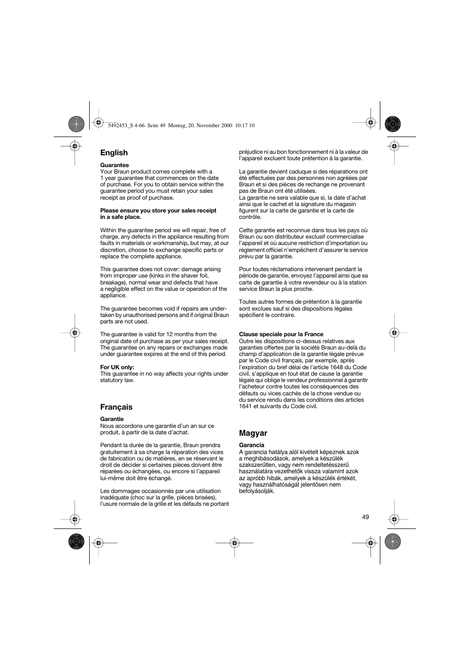 English, Français, Magyar | Braun Syncro 7540 User Manual | Page 49 / 56