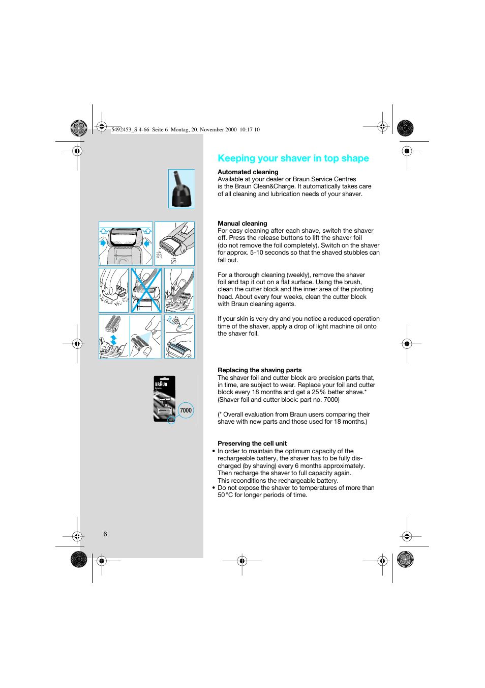 Keeping your shaver in top shape | Braun Syncro 7540 User Manual | Page 6 / 56