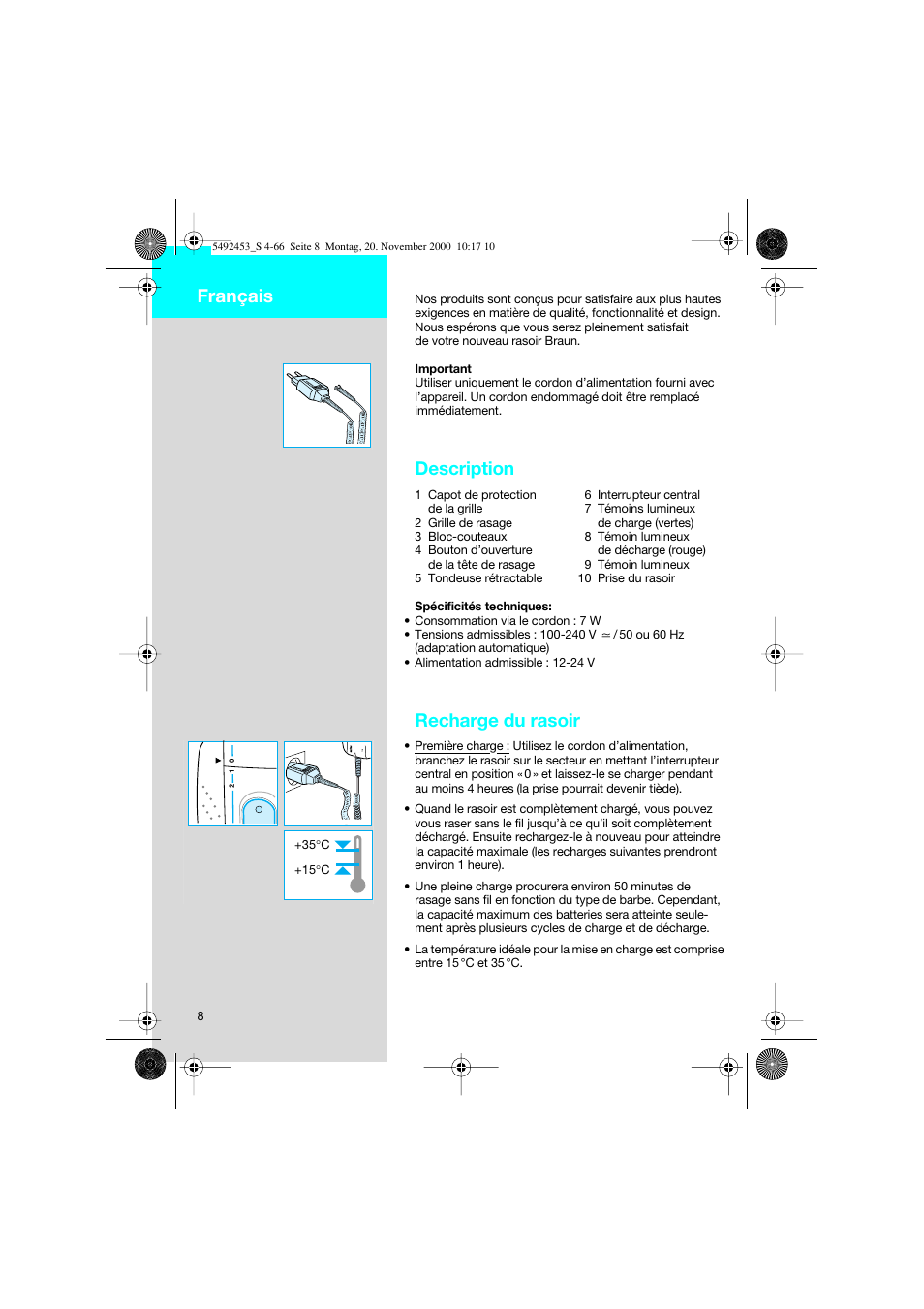 Français, Description, Recharge du rasoir | Braun Syncro 7540 User Manual | Page 8 / 56