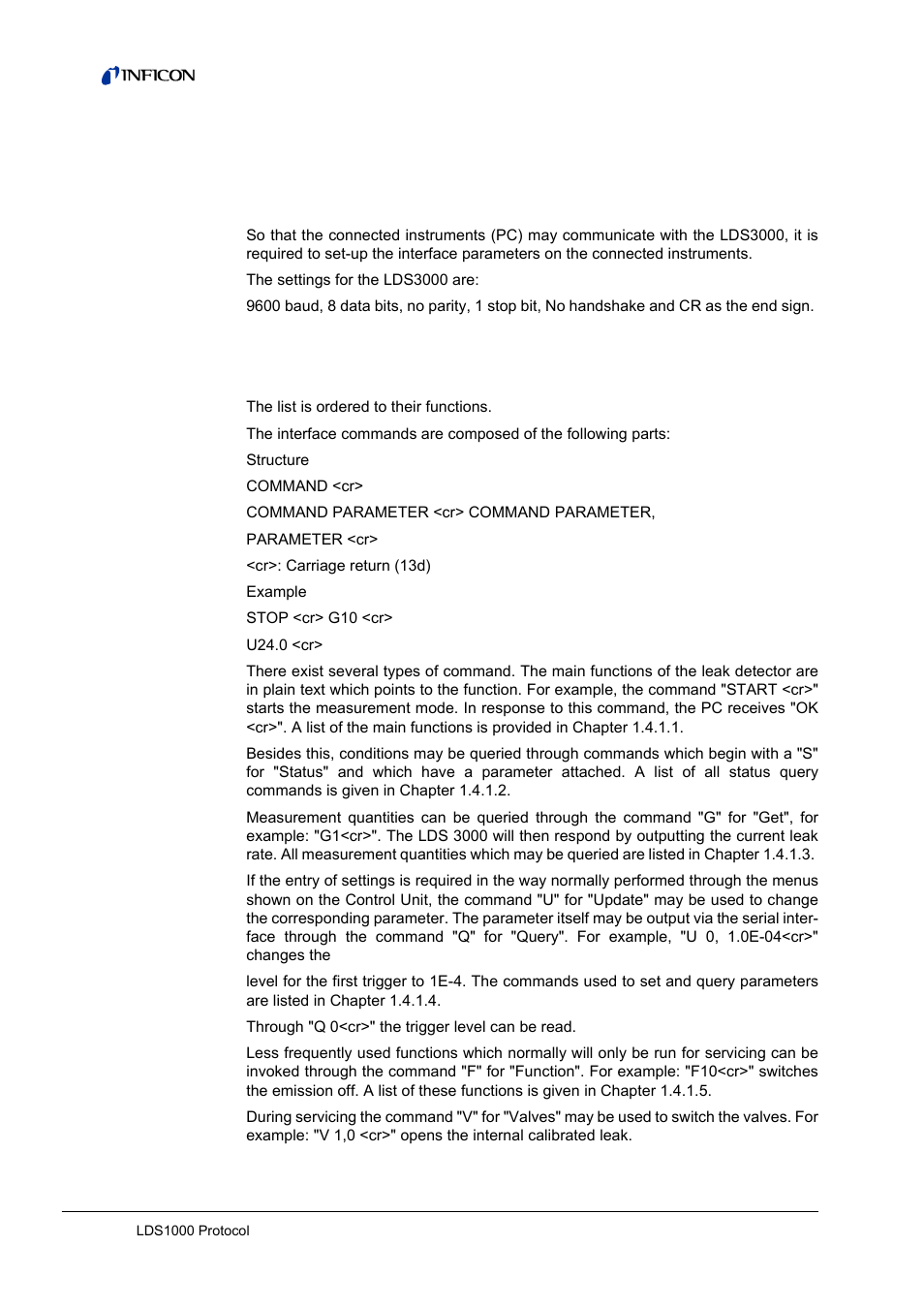 3 lds1000 protocol, Interface parameters, Interface commands | 1 interface parameters, 2 interface commands | INFICON LDS3000 Modular Leak Detector Interface description User Manual | Page 16 / 56