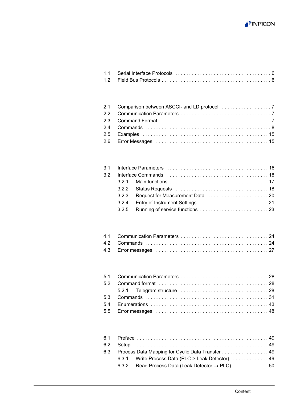 Content, 1 interface protocols, 2 ascii protocol | 4 binary interface protocol 4, 5 ld protocol 8, 6 fieldbus communication 9 | INFICON LDS3000 Modular Leak Detector Interface description User Manual | Page 3 / 56