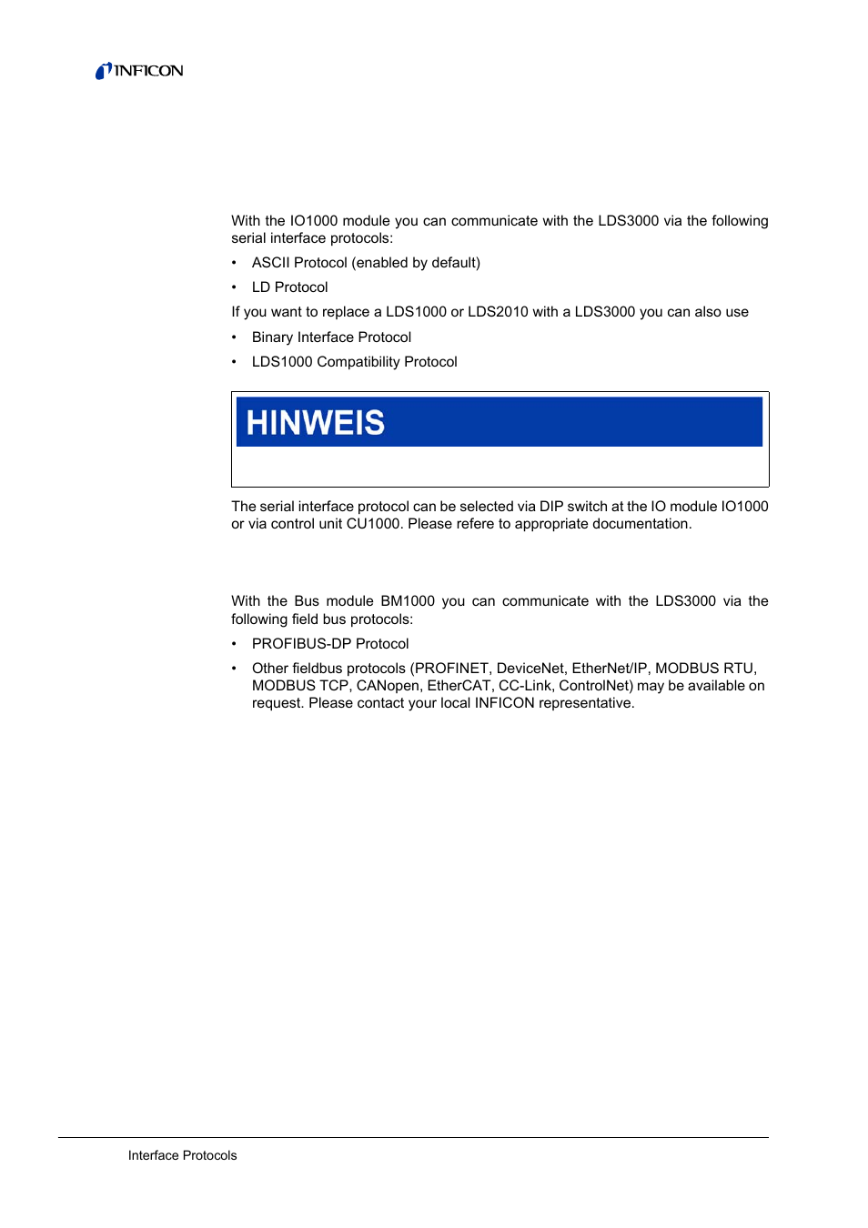 1 interface protocols, Serial interface protocols, Field bus protocols | 1interface protocols, 1 serial interface protocols, 2 field bus protocols | INFICON LDS3000 Modular Leak Detector Interface description User Manual | Page 6 / 56