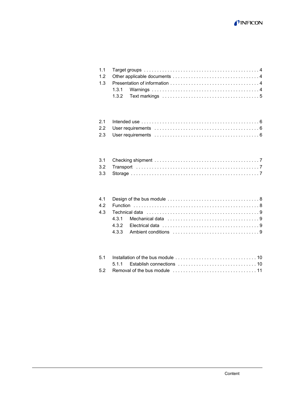 Content, 1 about this manual, 2 safety | 3 shipment, transport, storage, 4 description, 5 installation and removal 0, 6 disposal 2 | INFICON BM1000 Bus module User Manual | Page 3 / 14
