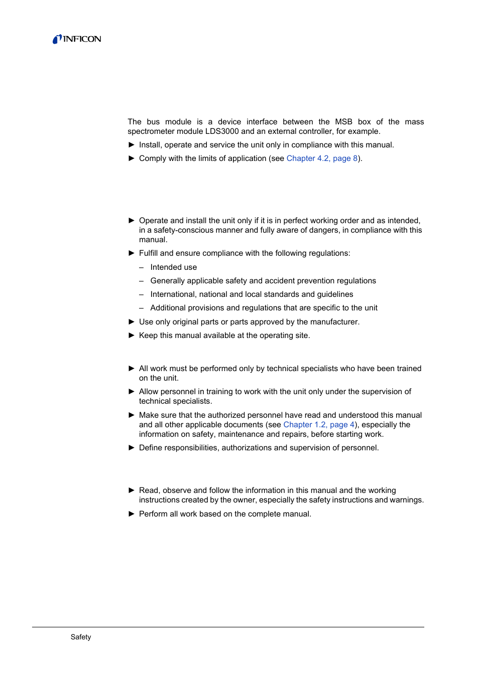 2 safety, Intended use, User requirements | 2safety, 1 intended use, 2 user requirements, 3 user requirements | INFICON BM1000 Bus module User Manual | Page 6 / 14
