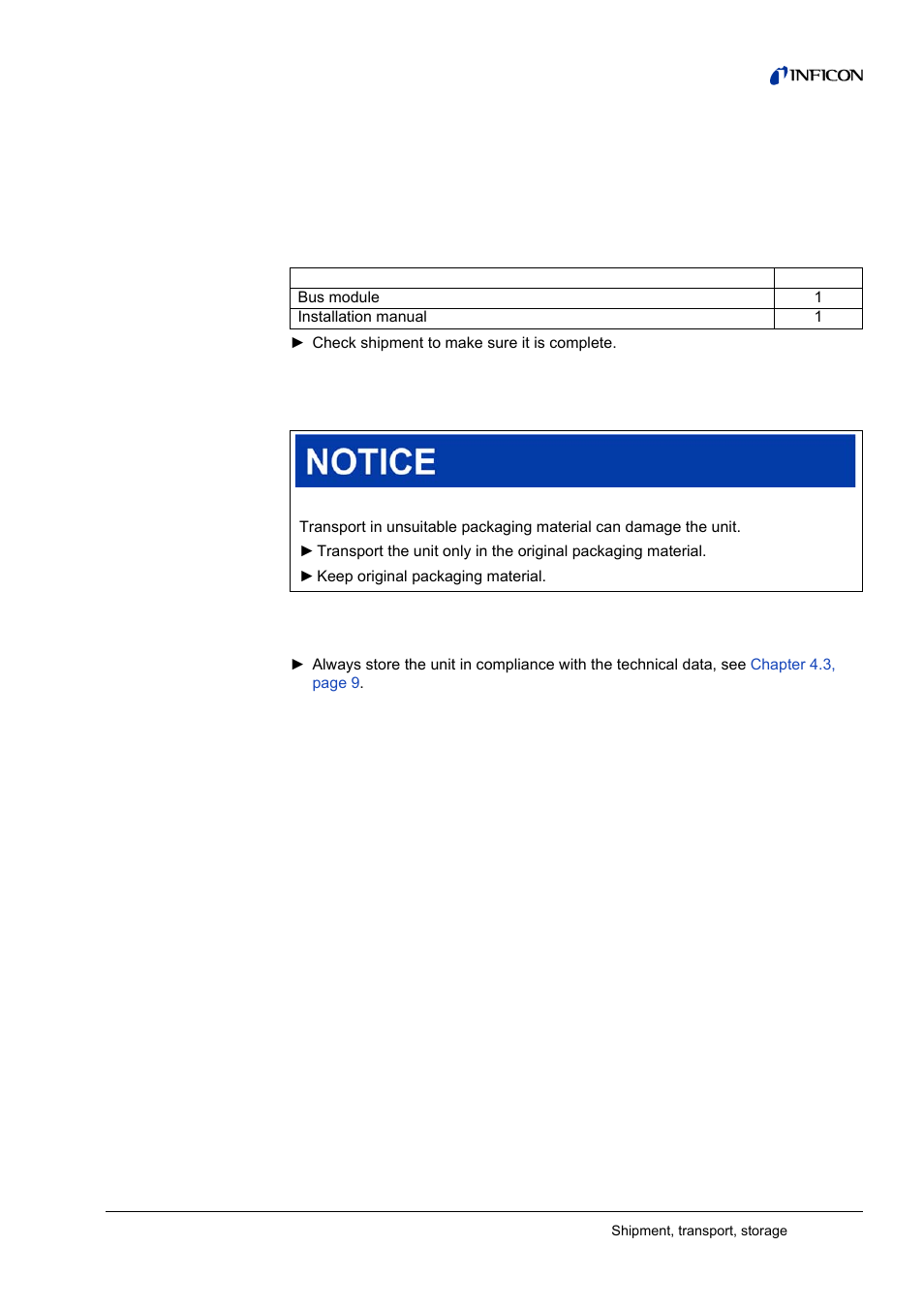 3 shipment, transport, storage, Checking shipment, Transport | Storage, 3shipment, transport, storage, 1 checking shipment, 2 transport 3.3 storage | INFICON BM1000 Bus module User Manual | Page 7 / 14