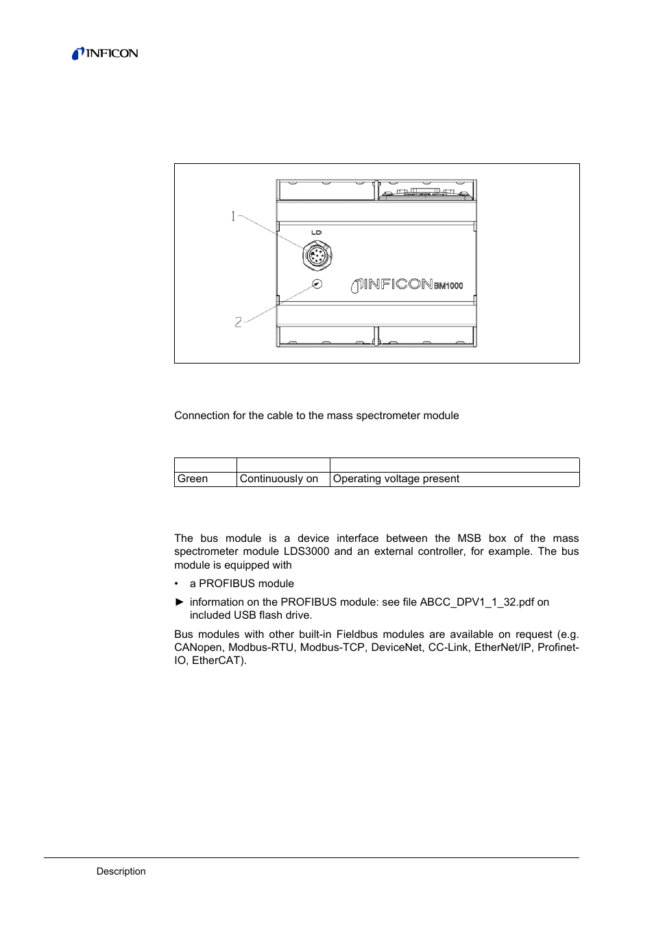 4 description, Design of the bus module, Function | N (see, 4description, 1 design of the bus module, 2 function | INFICON BM1000 Bus module User Manual | Page 8 / 14