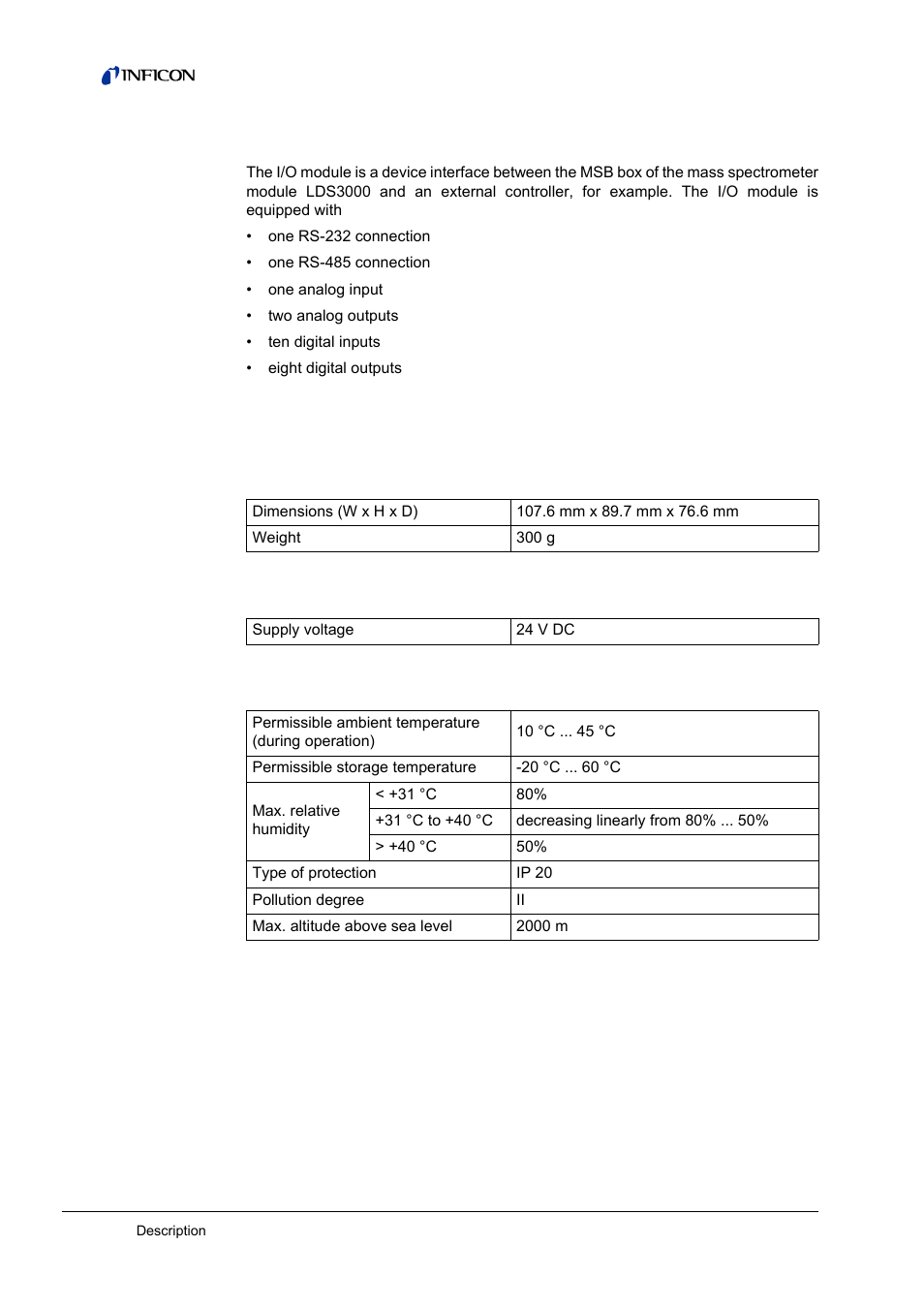 Function, Technical data 4.3.1, Mechanical data | Electrical data, Ambient conditions, N (see, Chapter 4.3, 2 function, 3 technical data | INFICON I/O1000 I/O module User Manual | Page 14 / 18