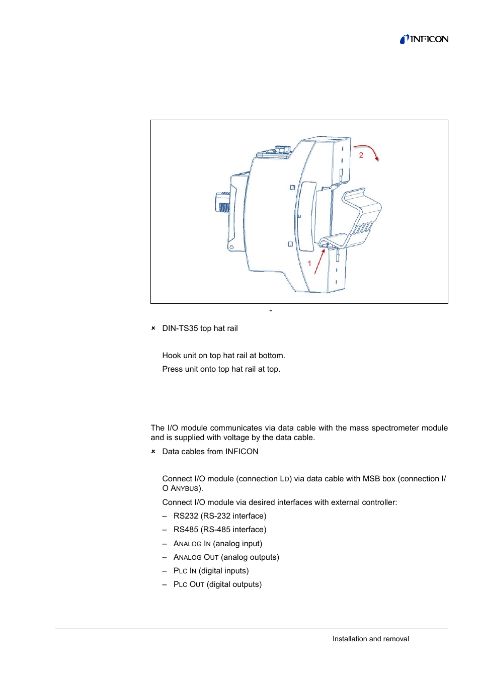 5 installation and removal, Mounting of i/o module 5.1.1, Establish connections | 5installation and removal, 1 mounting of i/o module, 1 establish connections | INFICON I/O1000 I/O module User Manual | Page 15 / 18