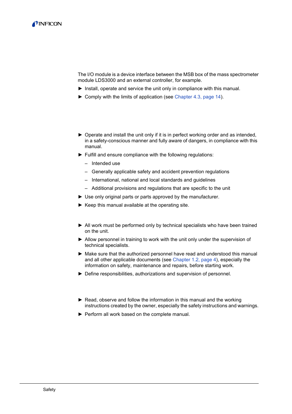 2 safety, Intended use, User requirements | 2safety, 1 intended use, 2 user requirements, 3 user requirements | INFICON I/O1000 I/O module User Manual | Page 6 / 18