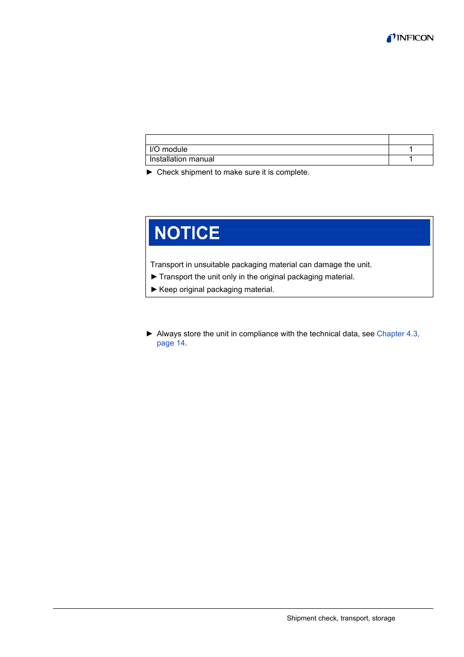 3 shipment check, transport, storage, Checking shipment, Transport | Storage, 3shipment check, transport, storage, 1 checking shipment, 2 transport 3.3 storage | INFICON I/O1000 I/O module User Manual | Page 7 / 18